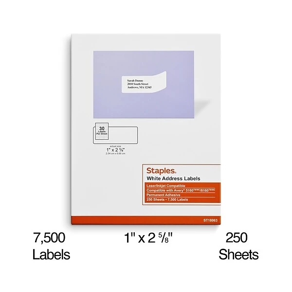 White Inkjet/Laser Address Labels, 1 X 2-5/8", 7,500/Box 4 White Inkjet/Laser Address Labels, 1 X 2-5/8", 7,500/Box - Image 2