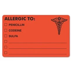 Tabbies® Medical Labels "ALLERGIC TO:", 2 1/2" X 4", Fluorescent Red, 100/Roll