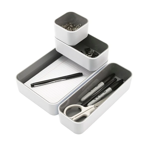 Fusion 4-Compartment Stackable Plastic Compartment Storage, White/Gray, 4/Pack (37592) 3 Fusion 4-Compartment Stackable Plastic Compartment Storage, White/Gray, 4/Pack (37592)