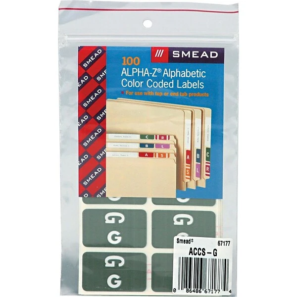 Smead® Alpha-Z Color-Coded Second Letter "G" Labels, 10 Labels Per Sheet, Gray, 1"H X 1 5/8"W, 100 Labels/Pk 3 Smead® Alpha-Z Color-Coded Second Letter "G" Labels, 10 Labels Per Sheet, Gray, 1"H X 1 5/8"W, 100 Labels/Pk