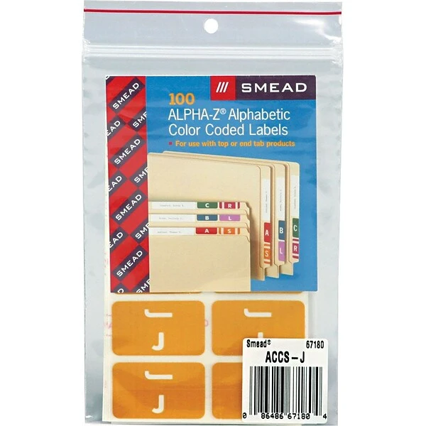 Smead® AlphaZ ACCS Color-Coded Alphabetic Label, J, Yellow, 100 Labels Per Pack (67180) 3 Smead® AlphaZ ACCS Color-Coded Alphabetic Label, J, Yellow, 100 Labels Per Pack (67180)