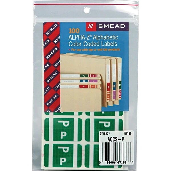 Smead® Alpha-Z Color-Coded Second Letter "P" Labels, 10 Labels Per Sheet, Dark Green, 1"H X 1 5/8"W, 100 Labels/Pk 3 Smead® Alpha-Z Color-Coded Second Letter "P" Labels, 10 Labels Per Sheet, Dark Green, 1"H X 1 5/8"W, 100 Labels/Pk