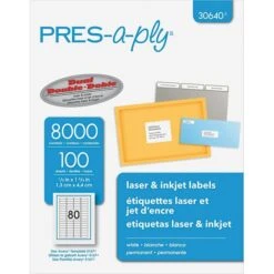 PRES-a-ply Laser/Inkjet Return Address Labels, 1/2" X 1-3/4", White, 80 Labels/Sheet, 100 Sheets/Pack, 8000 Labels/Pack (30640)