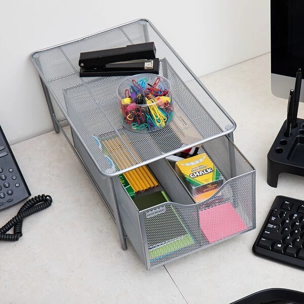 Mind Reader Storage Basket W/ Sliding Drawer And Steel Mesh Platform On Top, Silver (CABASKDR-SIL) 3 Mind Reader Storage Basket W/ Sliding Drawer And Steel Mesh Platform On Top, Silver (CABASKDR-SIL)