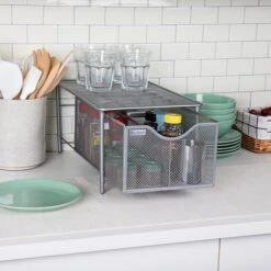 Mind Reader Storage Basket W/ Sliding Drawer And Steel Mesh Platform On Top, Silver (CABASKDR-SIL) 10 Mind Reader Storage Basket W/ Sliding Drawer And Steel Mesh Platform On Top, Silver (CABASKDR-SIL) -Bostich Shop sp155207092 s7