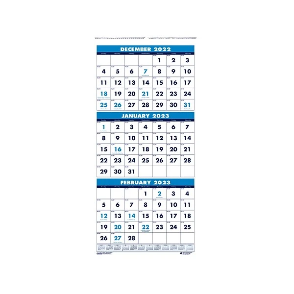 2023 House Of Doolittle 12.25" X 26" Three-Month Wall Calendar, White/Blue (3640-23) 3 2023 House Of Doolittle 12.25" X 26" Three-Month Wall Calendar, White/Blue (3640-23)