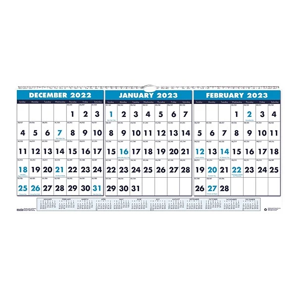 2023 House Of Doolittle 17" X 8" Three-Month Wall Calendar, White/Blue (3647-23) 3 2023 House Of Doolittle 17" X 8" Three-Month Wall Calendar, White/Blue (3647-23)