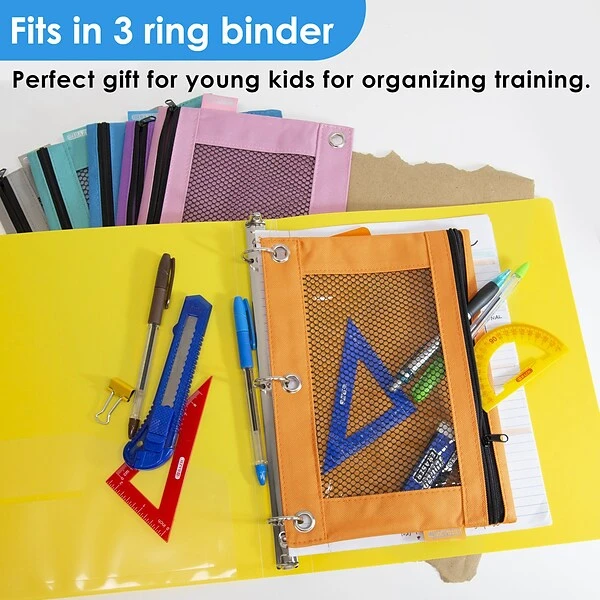 BAZIC Products Zip Polyester 3-Ring Pencil Pouch With Mesh Window, Assorted Retro Pastel Colors, Pack Of 12 (BAZ810-12) 5 BAZIC Products Zip Polyester 3-Ring Pencil Pouch With Mesh Window, Assorted Retro Pastel Colors, Pack Of 12 (BAZ810-12) - Image 3