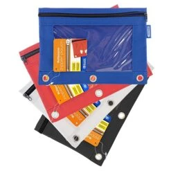 BAZIC Products Zip Polyester 3-Ring Pencil Pouch With Clear Window, Assorted Colors, Pack Of 12 (BAZ811-12)