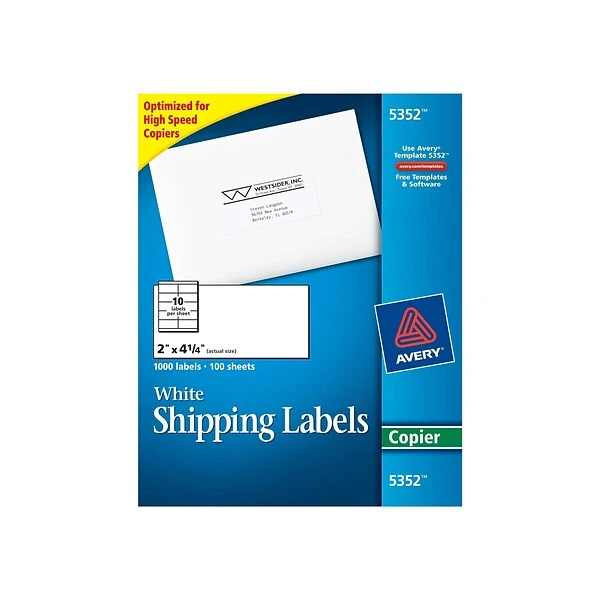 Avery Copier Shipping Labels, 2" X 4-1/4", White, 10 Labels/Sheet, 100 Sheets/Box (5352) 3 Avery Copier Shipping Labels, 2" X 4-1/4", White, 10 Labels/Sheet, 100 Sheets/Box (5352)