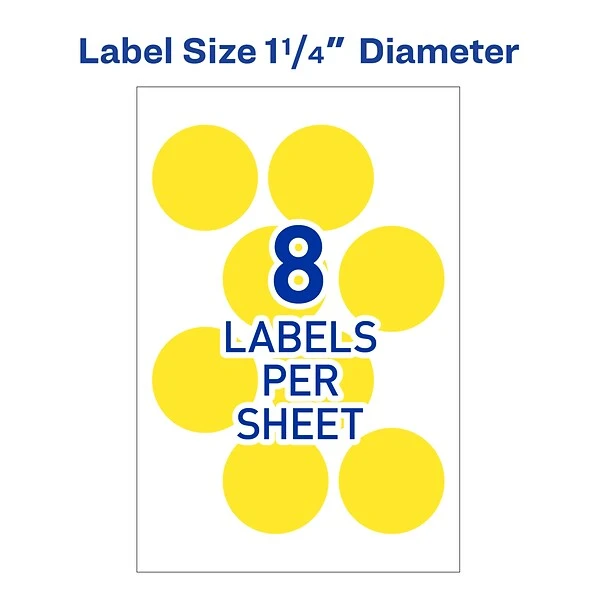 Avery Easy Peel Laser Color Coding Labels, 1 1/4" Dia, Neon Yellow, 8 Labels/Sheet, 50 Sheets/Pack (5499) 3 Avery Easy Peel Laser Color Coding Labels, 1 1/4" Dia, Neon Yellow, 8 Labels/Sheet, 50 Sheets/Pack (5499)