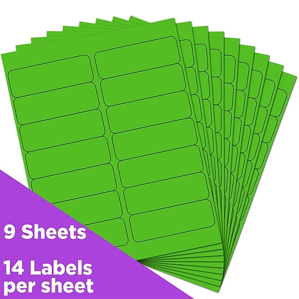 JAM Paper® Address Labels, 1 1/3" X 4", Neon Green, 14 Labels/Sheet, 9 Sheets/Pack, 126 Labels/Pack (359329613) 3 JAM Paper® Address Labels, 1 1/3" X 4", Neon Green, 14 Labels/Sheet, 9 Sheets/Pack, 126 Labels/Pack (359329613)