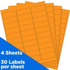 JAM Paper Laser/Inkjet Mailing Address Labels, 1" X 2 5/8", Neon Orange, 30 Labels/Sheet, 4 Sheets/Pack (35432814)